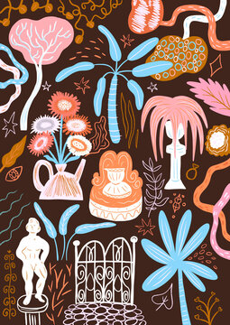 Lush Tropical garden poster pattern with exotic trees, flowers plants and  luxorious statues