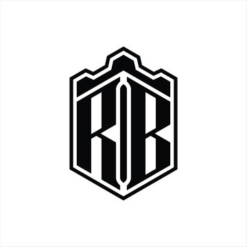 recommend clip art: RB Letter Logo monogram hexagon shield shape crown castle with outline style design