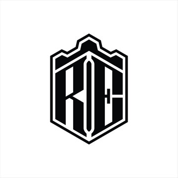 recommend clip art: RE Letter Logo monogram hexagon shield shape crown castle with outline style design