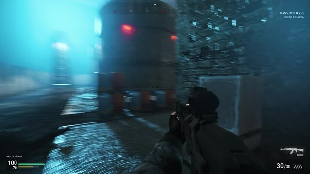 Playing special forces mission of the computer first-person military shooter. Playing the clear the area mission in a shooter. Player winning the challenging mission of a shooter game. Campaign.