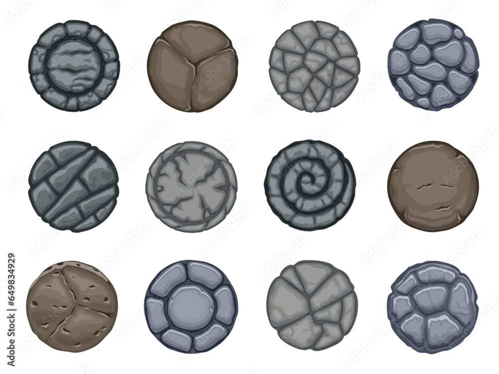 Poster round stones buttons. cartoon empty round game ui elements, 2d sprite graphic frames for rating badg