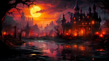 Moonlit castle and enchanting landscapes in a nocturnal painting. Generative AI