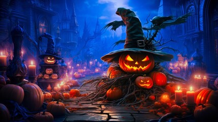 Haunting pumpkins in bewitching scene. Generative AI