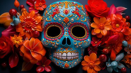 Vivid Day of the Dead Celebration Featuring Colorful Sugar Skull and Intricate Details.Generative AI