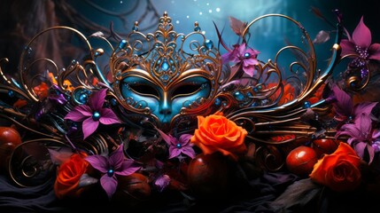 Mysterious Elegance at a Masquerade Ball with Opulent Masks and Flowers.Generative AI