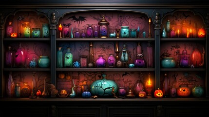Vibrant hues and intricate glassware create a Halloween atmosphere. A Jack-o'-lantern and candle add mystery, while a colorful backdrop elevates the scene. Generative AI
