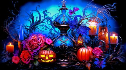 Enchanting Halloween Scene with Glowing Jack-o-Lantern and Floral Elements.Generative AI