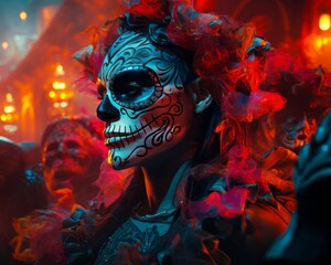 Captivating Day of the Dead Celebration with Sugar Skull Makeup and Zombie Crowd.Generative AI