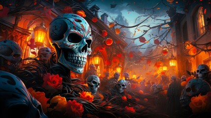 Haunting Mélange of Skulls, Flowers, and Flames in Dark City Streets.Generative AI