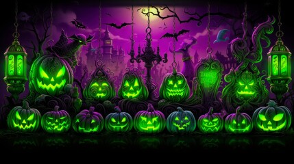 Glowing Pumpkins in a Haunted Forest with Eerie Green and Purple Backdrop.Generative AI