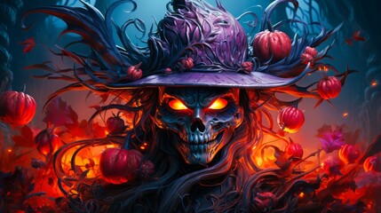 Mysterious skeleton in purple hat amidst pumpkins and eerie elements.Generative AI