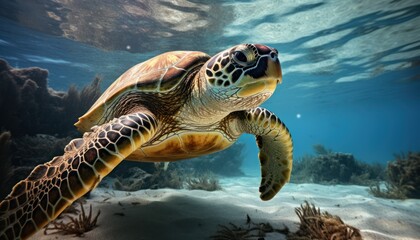 Fototapeta premium Photo of a majestic green loggerhead sea turtle gracefully swimming in the crystal clear ocean waters