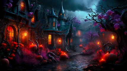 Spooky Halloween scene with glowing pumpkins and foreboding castle background.Generative AI