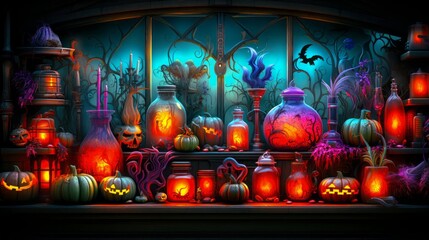 Dimly lit Halloween scene with rustic shelf, adorned jars, flickering candles, and intricate pumpkins.Generative AI