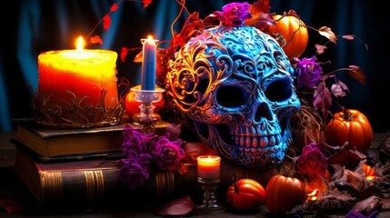 Burning candles in the dark around a skeleton head
