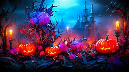 Moonlit Halloween night featuring a gothic castle, illuminated pumpkins, and an abstract brain representation.Generative AI