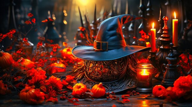 Mystical Night with Fiery Witch's Hat and Enchanting Objects.Generative AI