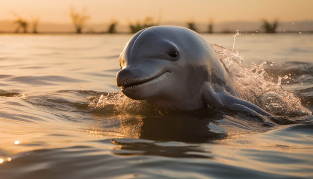Photo of a irrawaddy dolphin gracefully swimming in the golden-hued waters at sunset