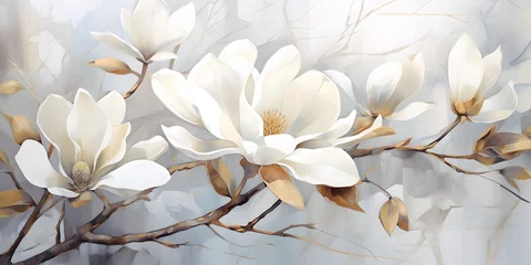 Fotobehang Watercolor painting floral digital art wall decor. Golden white and gray flowers for wall canvas decor. White magnolia flower in watercolor © Jing