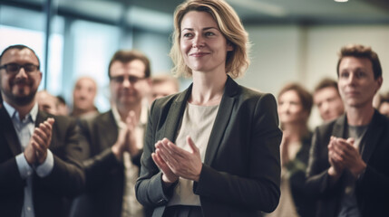Fototapeta na wymiar Business people applauding during a meeting in a conference room. Focus on the woman