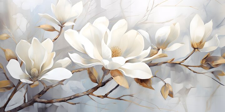 Fototapeta Watercolor painting floral digital art wall decor. Golden white and gray flowers for wall canvas decor. White magnolia flower in watercolor