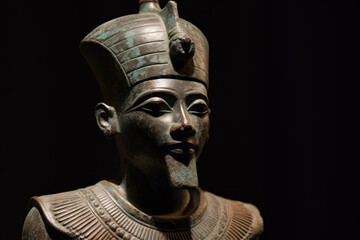 Ancient egyptian pharaoh mask King Ay isolated on black background on a black background. Selective focus. - obrazy, fototapety, plakaty