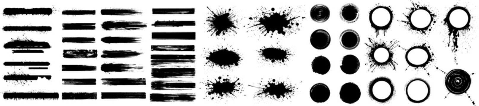 Set of paint brush stroke, ink splatter and artistic design elements. Ink splashes. Rough smears and stains. High quality manually traced. Drops blots isolated. Vector isolated elements set. 