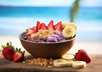acai bowl with beach background
