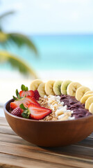 acai bowl with beach background