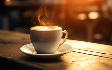 Obraz premium Steaming coffee in the sun,created with generative ai tecnology.