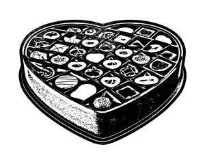 Heart-shaped box of chocolates, retro stencil illustration stamp with distressed grunge texture isolated on transparent background