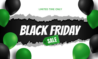 Black Friday torn paper background with green and black balloons - obrazy, fototapety, plakaty