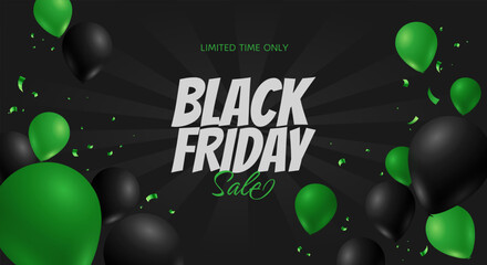 Black Friday sale starburst background with green balloons and serpentine