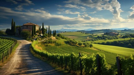 Fototapeta premium landscape tuscan vineyards rolling illustration green rural, europe nature, agriculture field landscape tuscan vineyards rolling