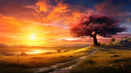 rural countryside sunsets vibrant illustration sunlight background, grass view, sun meadow rural countryside sunsets vibrant