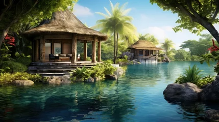 Foto op Canvas ocean island lagoon retreat illustration water beach, hotel vacation, luxury exotic ocean island lagoon retreat © sevector