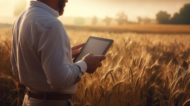 Farmer holding tablet computer standing in wheat field. Agronomist using online data software for smart farming and agriculture