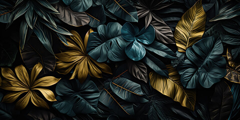  Beautiful dark botany or various tropical leaves decoration background.exotic fancy jungle nature elements.Horizontal banner