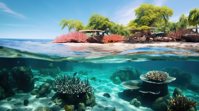 underwater island coral restoration illustration marine reef, water nature, blue ocean underwater island coral restoration