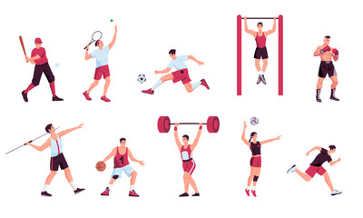 Fototapeta na wymiar Athlete characters collection. Cartoon fitness and sports persons, active persons doing physical activity, male female characters in exercise clothes. Vector set