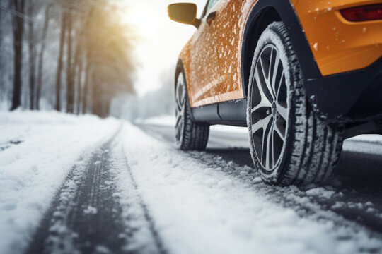 Winter tire. Driving car on slippery snowy road at winter season