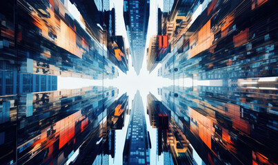 Kaleidoscopic view of skyscrapers, blending urban architecture with artistic flair. Created by AI