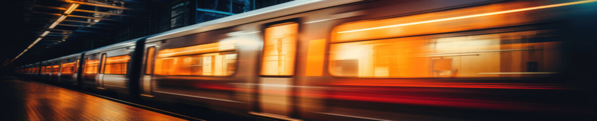 Blurred capture of a modern train powering through a station. Created by AI - Powered by Adobe