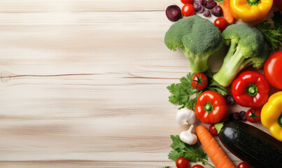 Top view vegetables on light wood background. Copy space. Vegetarian organic food banner. Created by AI tools