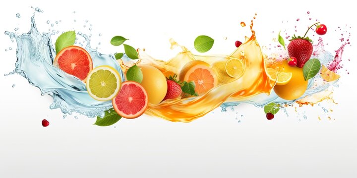 Swirl water splash with fruits. liquid flow with ice cubes and a mix of fresh fruits.