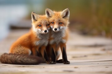 Fototapeta premium Wild baby red foxes cuddling at the beach.