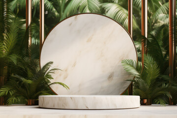 Natural Opulence: Marble Podium Shines in a Luxuriant Tropical Setting, a Fusion of Elegance and Nature