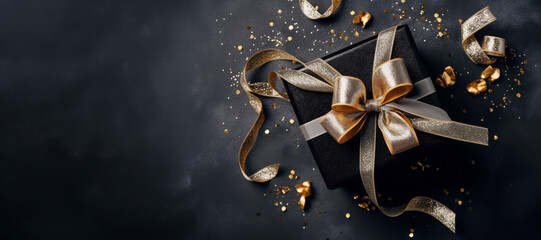 Black present box with golden ribbon and bow. Christmas, new year, birthday gift. Holidays, shopping and sales concept. Black friday theme.