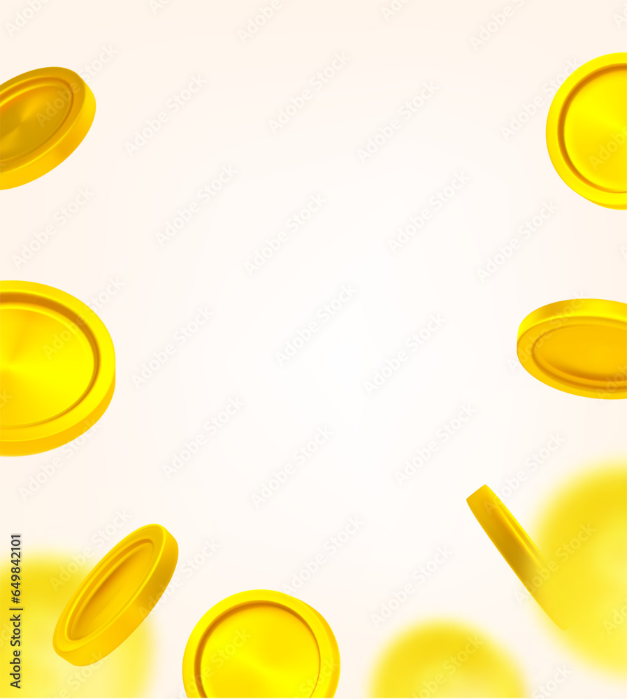Aufkleber Golden coins falling down. 3d vector frame with copy space