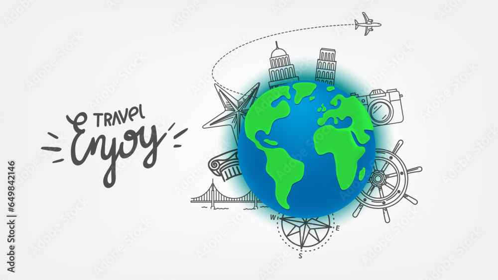 Poster enjoy your travel concept with the earth and doodle elements. vector banner with lettering text